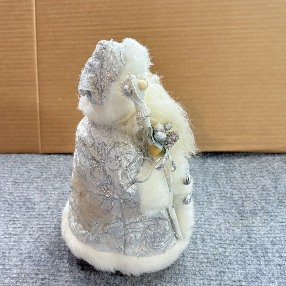 Vintage Old World Santa Tree Topper White Silver Fur Trim Holiday Decor Figurine